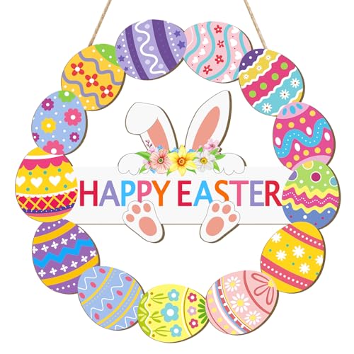 Sophena Wooden Easter Decoration Door Wreath for Front Door Sign Wall Signs Rabbit Spring Decoration Hollow Bunny Sign Flower Egg Welcome Hanging for Home Wall Decor Party Outdoor indoor Supply Happy Easter - Image 1