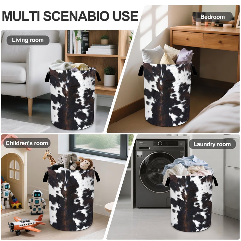 bassyil White Black Cowhide Laundry Basket Laundry Hamper With Handles Collapsible Laundry Baskets Storage Basket For Room Bathroom Bedroom Decor - Image 5