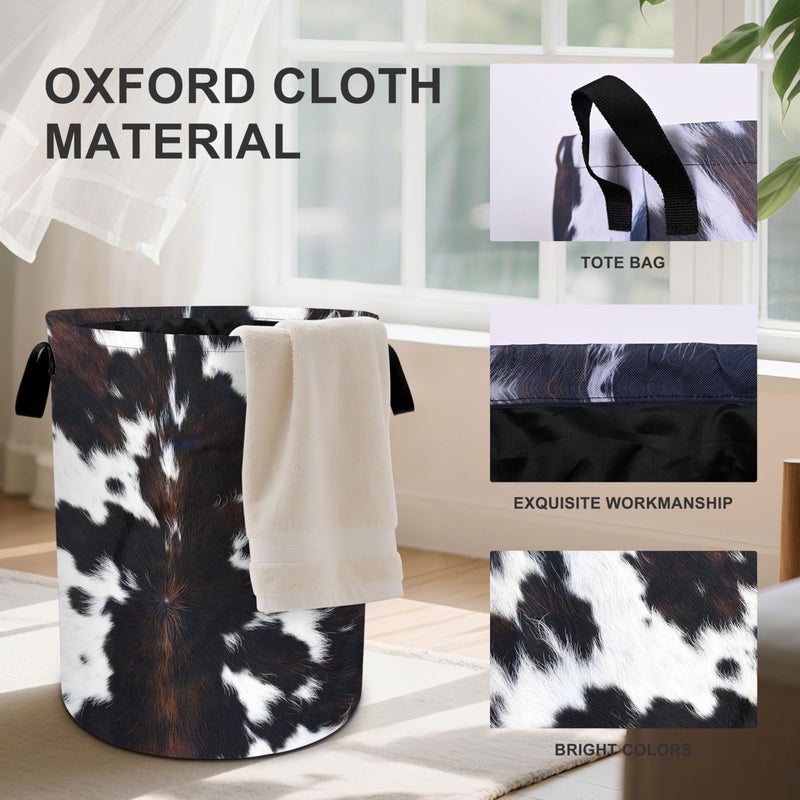 bassyil White Black Cowhide Laundry Basket Laundry Hamper With Handles Collapsible Laundry Baskets Storage Basket For Room Bathroom Bedroom Decor - Image 2