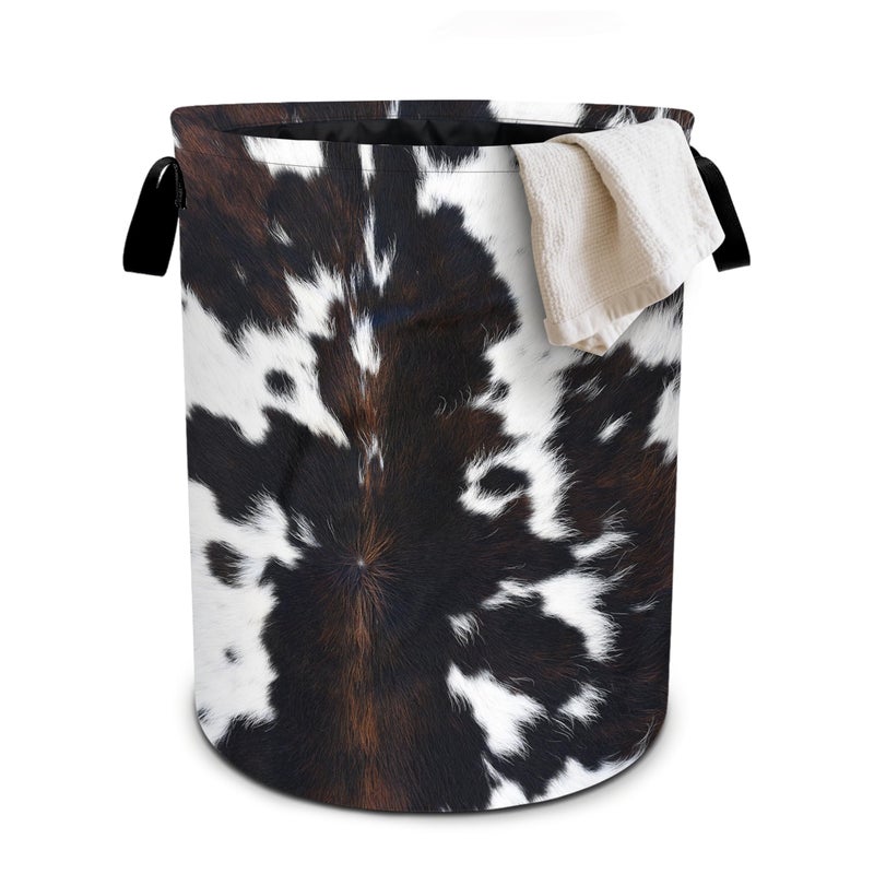 bassyil White Black Cowhide Laundry Basket Laundry Hamper With Handles Collapsible Laundry Baskets Storage Basket For Room Bathroom Bedroom Decor - Image 1
