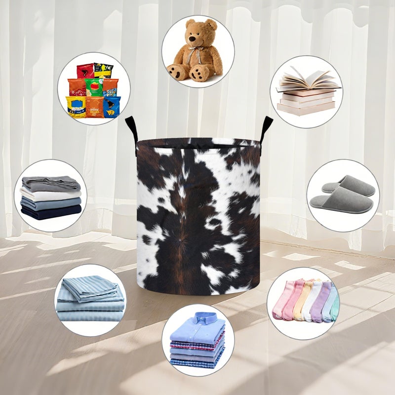 bassyil White Black Cowhide Laundry Basket Laundry Hamper With Handles Collapsible Laundry Baskets Storage Basket For Room Bathroom Bedroom Decor - Image 4