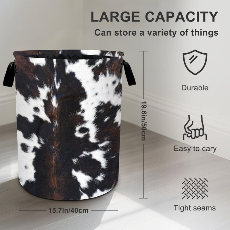 bassyil White Black Cowhide Laundry Basket Laundry Hamper With Handles Collapsible Laundry Baskets Storage Basket For Room Bathroom Bedroom Decor - Image 3