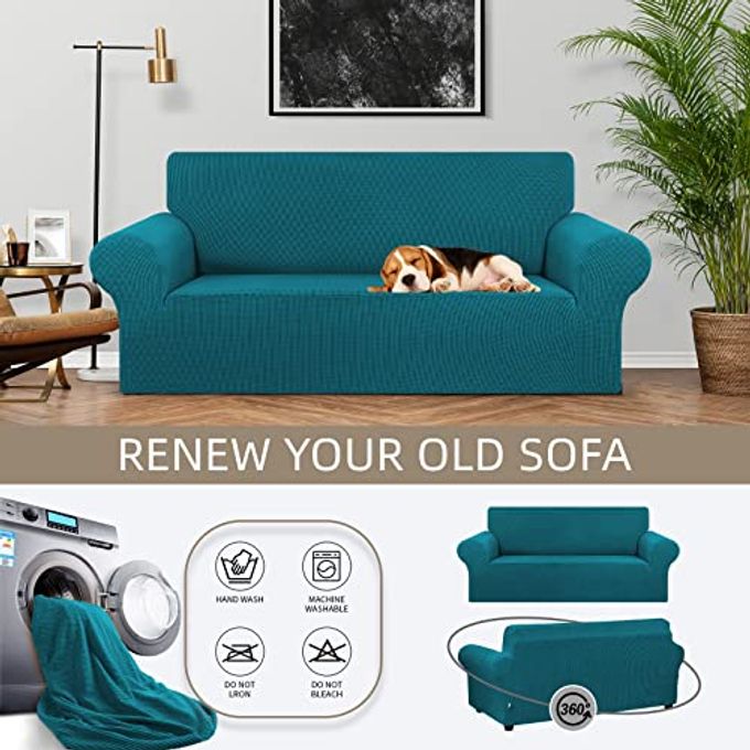 KEKUOU Stretch Loveseat Sofa Cover Slipcover,Couch Covers for 2 Cushion Couch Sofa (55"-78") Furniture Protector Sofa with Elastic Bottom for Kids,Dog. Jacquard Small Checked (Medium,Peacock Blue) - Image 3