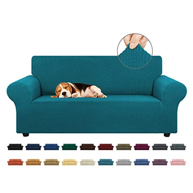KEKUOU Stretch Loveseat Sofa Cover Slipcover,Couch Covers for 2 Cushion Couch Sofa (55"-78") Furniture Protector Sofa with Elastic Bottom for Kids,Dog. Jacquard Small Checked (Medium,Peacock Blue) - Image 1