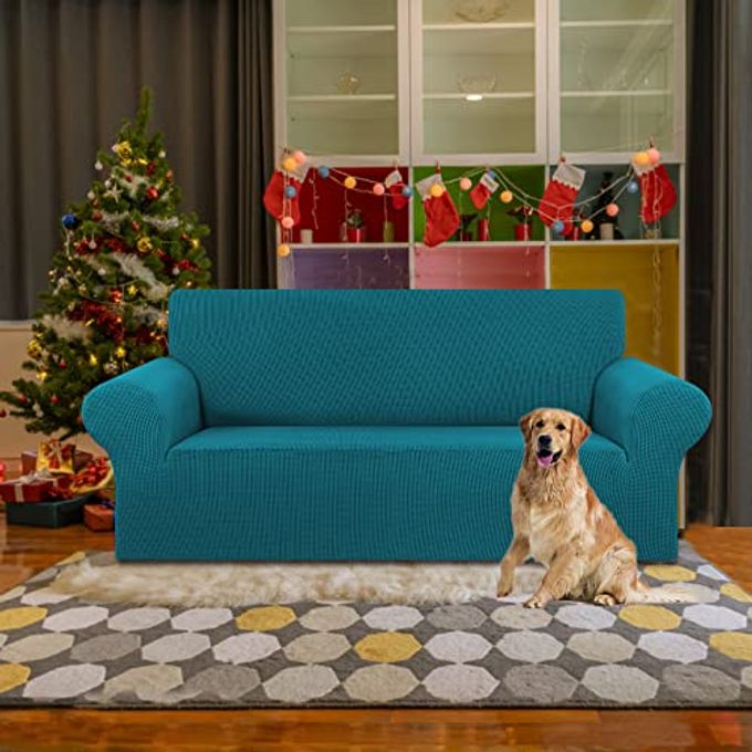 KEKUOU Stretch Loveseat Sofa Cover Slipcover,Couch Covers for 2 Cushion Couch Sofa (55"-78") Furniture Protector Sofa with Elastic Bottom for Kids,Dog. Jacquard Small Checked (Medium,Peacock Blue) - Image 5