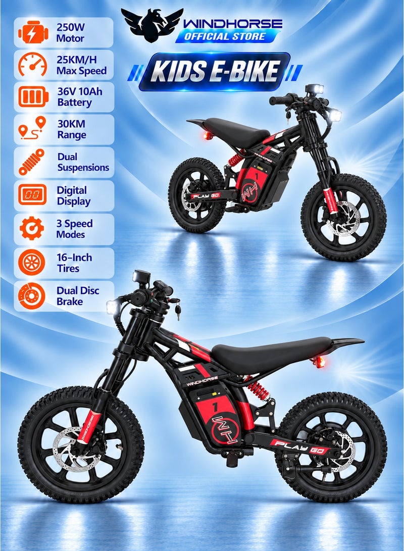 Wind Horse Kids Electric Bike 250W Motor, 25KM/H Max Speed, 36V10Ah Battery, 30 KM Range, Artificial Engine Sound, Bluetooth Speaker, Dual Suspensions, Digital Display, 3 Speed Mods, 16 Inches Tires, Dual Disc Brake (3-10 Age) - Image 1