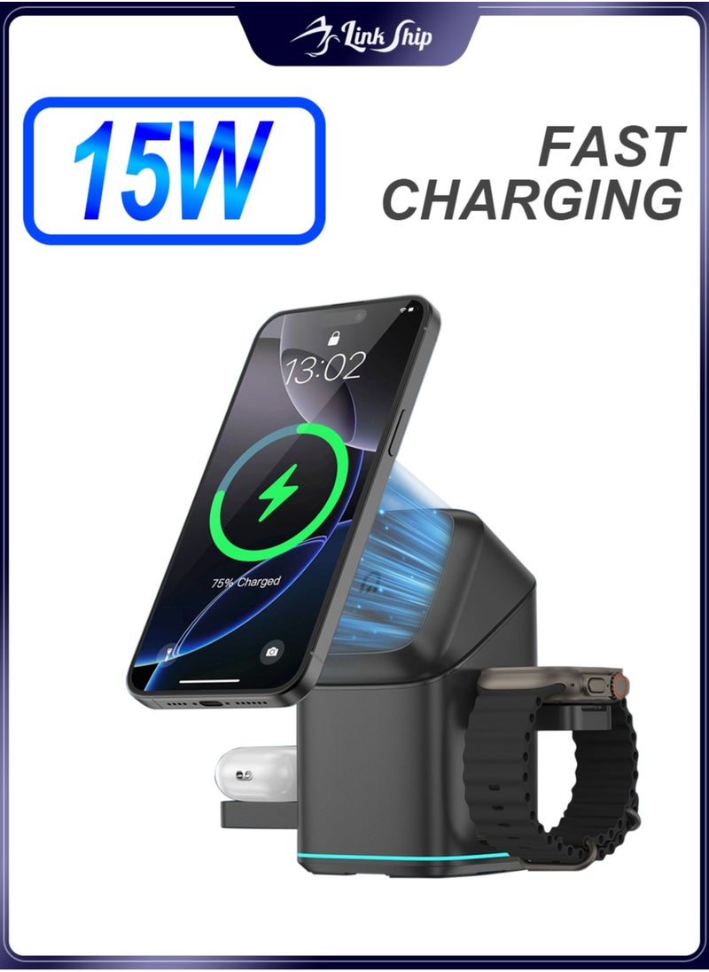 linkship 3-in-1 Wireless Charging Station - Fast 15W Charger for iPhone, Android, Smartwatch & Earbuds, Foldable Design, Stylish Home Decor  - Image 1