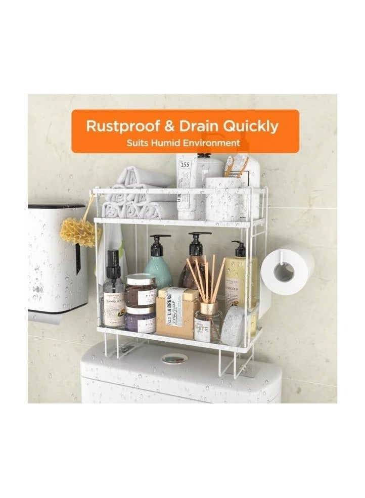 Arabest 2 Tier Bathroom Organizer Shelf Over Toilet, Modern Style, Waterproof & Dustproof, Toilet Space Saver with Hooks & Adhesive Base, White - Image 2