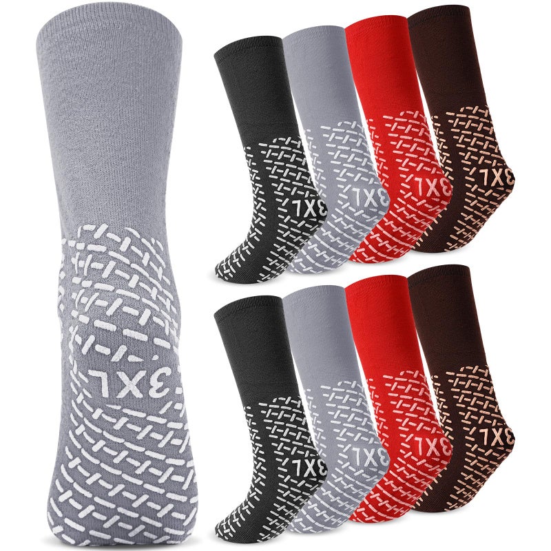 Simlakey 8 Pair Extra Width Hospital Sock for Men with Grip, 3 XL Winter Non Slip Warm for Diabetic Patient Elderly Nurse(Dark Gray, Light Gray, Dark Red, Brown) - Image 1
