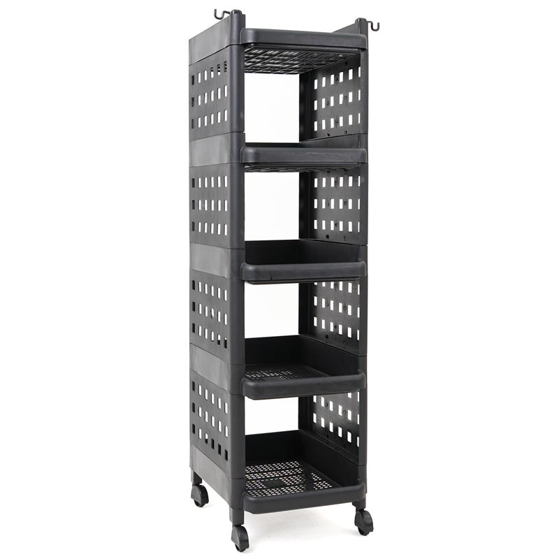 ADA Premium Virgin Plastic 5Tier Vegetable Stand for Kitchen Multipurpose Storage Organizer for Fruits Vegetables Kitchen Accessories Items Kitchen Trolley with Wheels Black 28 x 33 x 95 cm - Image 4