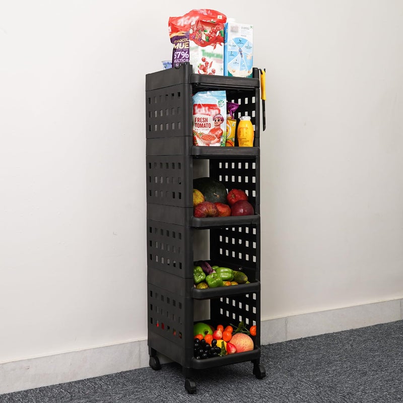 ADA Premium Virgin Plastic 5Tier Vegetable Stand for Kitchen Multipurpose Storage Organizer for Fruits Vegetables Kitchen Accessories Items Kitchen Trolley with Wheels Black 28 x 33 x 95 cm - Image 1