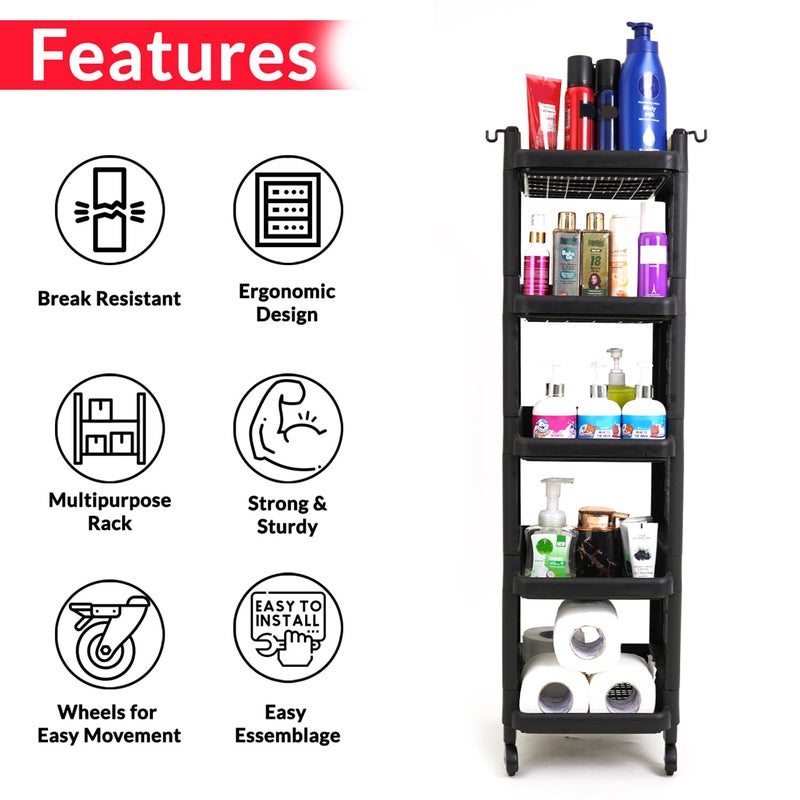 ADA Premium Virgin Plastic 5Tier Vegetable Stand for Kitchen Multipurpose Storage Organizer for Fruits Vegetables Kitchen Accessories Items Kitchen Trolley with Wheels Black 28 x 33 x 95 cm - Image 3