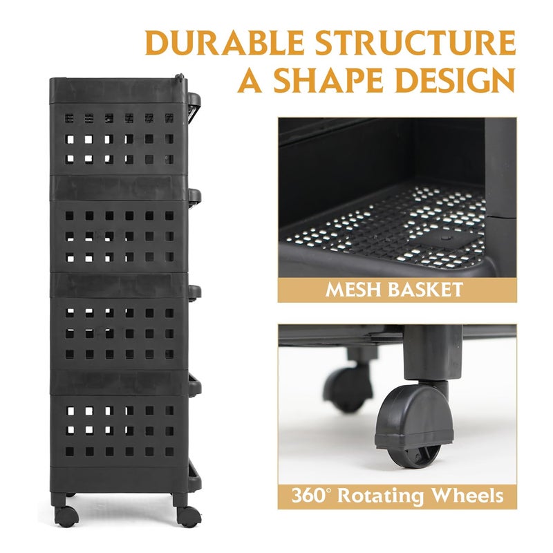 ADA Premium Virgin Plastic 5Tier Vegetable Stand for Kitchen Multipurpose Storage Organizer for Fruits Vegetables Kitchen Accessories Items Kitchen Trolley with Wheels Black 28 x 33 x 95 cm - Image 5