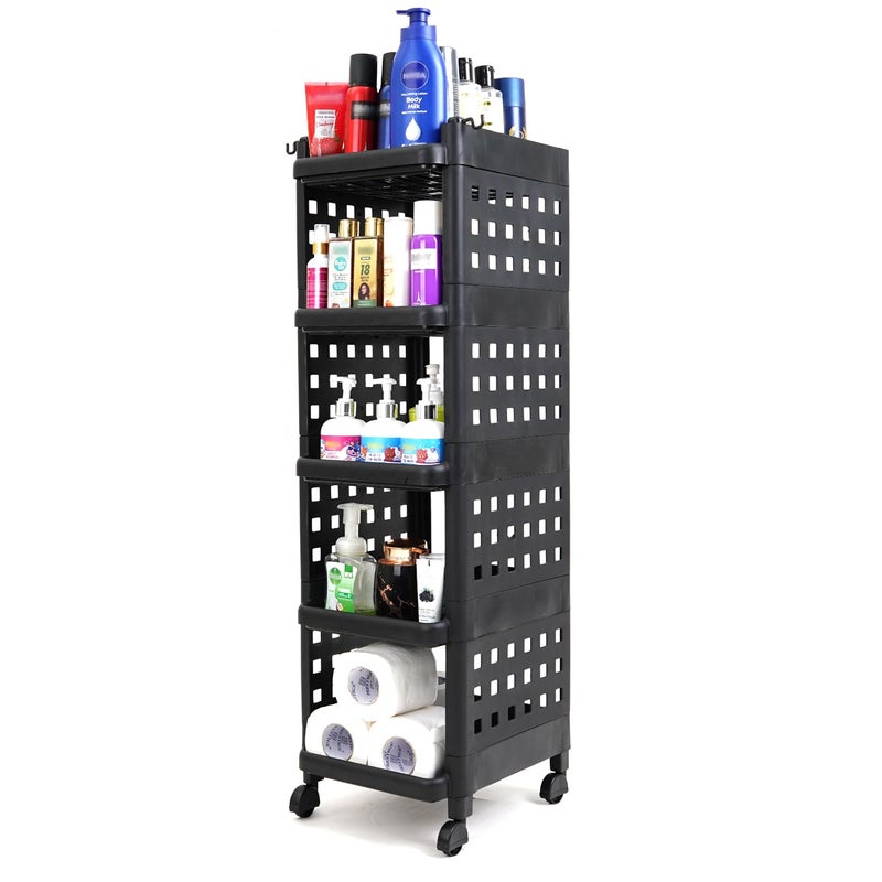 ADA Premium Virgin Plastic 5Tier Vegetable Stand for Kitchen Multipurpose Storage Organizer for Fruits Vegetables Kitchen Accessories Items Kitchen Trolley with Wheels Black 28 x 33 x 95 cm - Image 2