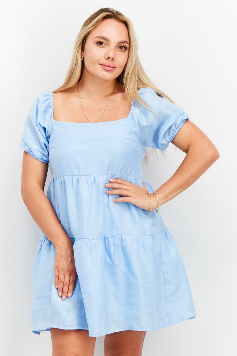 NA-KD Women Textured Flowy Linen Mini Dress, Blue - Image 1