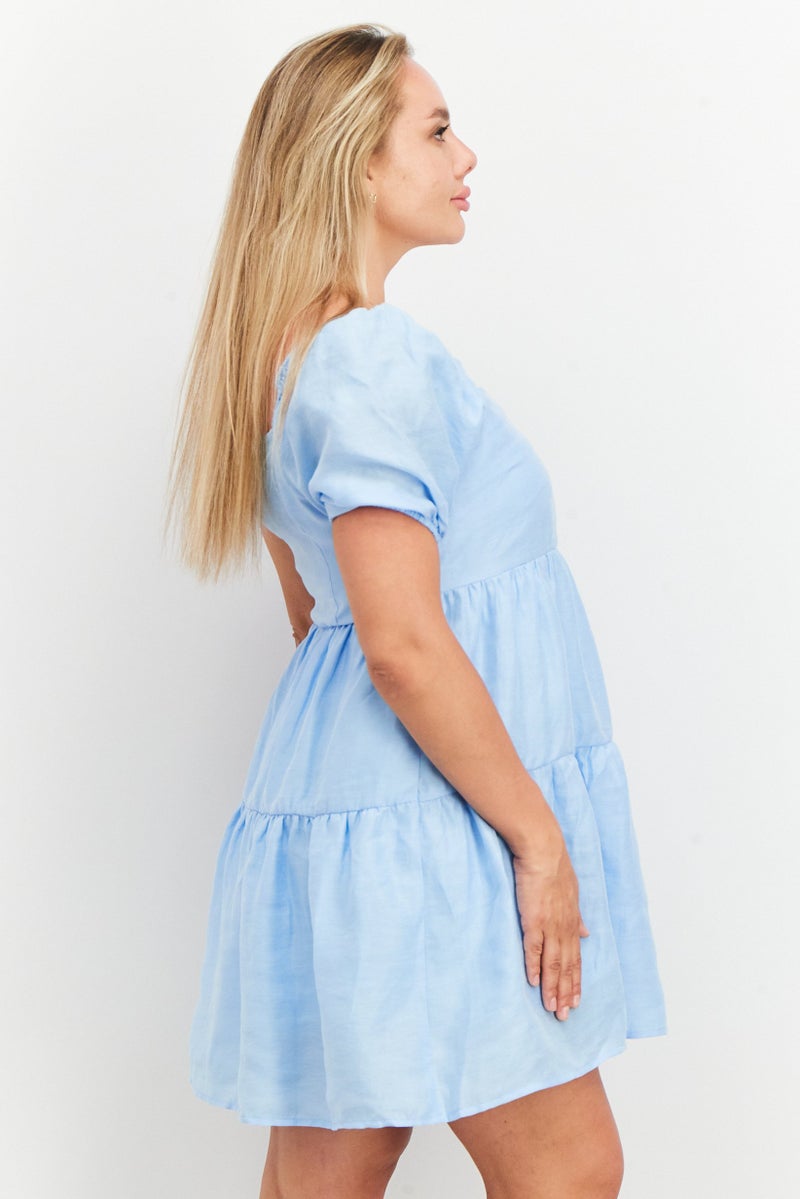 NA-KD Women Textured Flowy Linen Mini Dress, Blue - Image 2