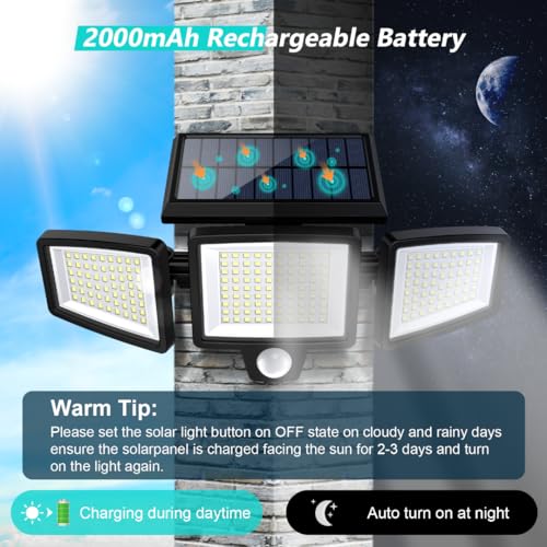 Tuffenough Solar Outdoor Lights 2500LM 210 LED Security Lights with Remote Control,3 Heads Motion Sensor Lights, IP65 Waterproof,270° Wide Angle Flood Wall Lights with 3 Modes(4 Pack) - Image 4