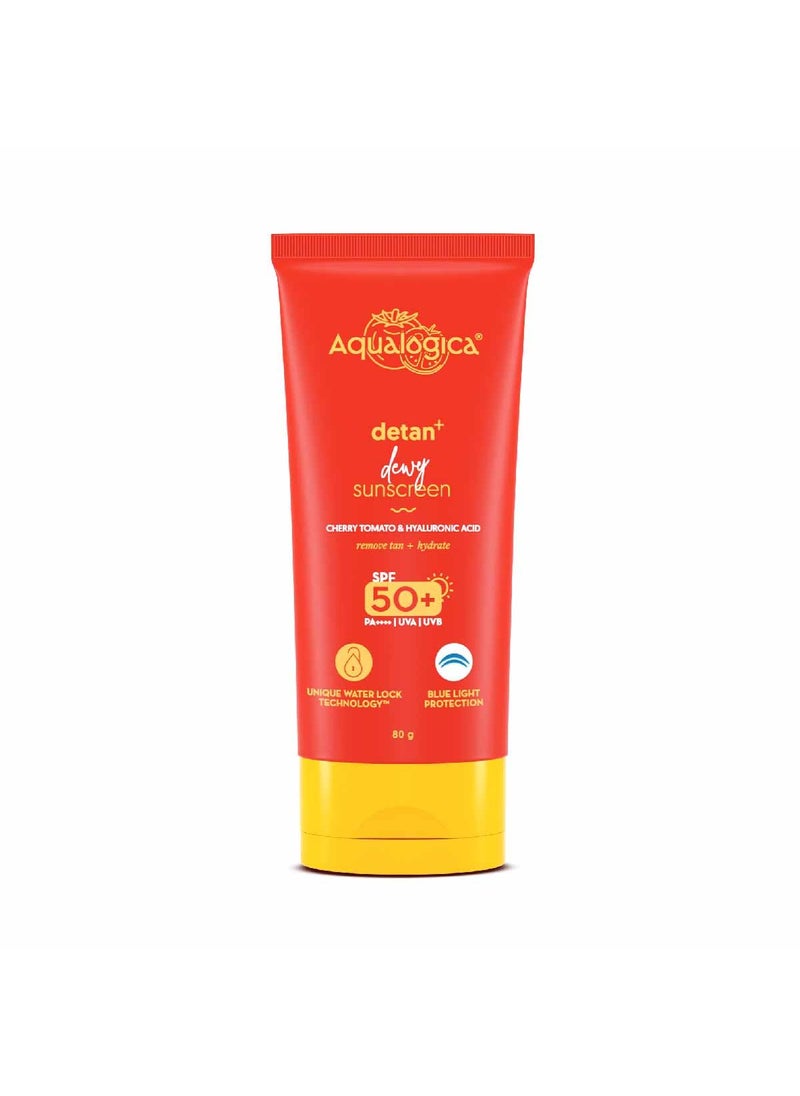 Aqualogica Aqualogica Detan+ Dewy Face Sunscreen with SPF 50+ & PA++++ | Blue Light Protection & No White Cast | Fights Sun Damage with Cherry Tomato & Hyaluronic Acid | 2.82 Oz/80g 