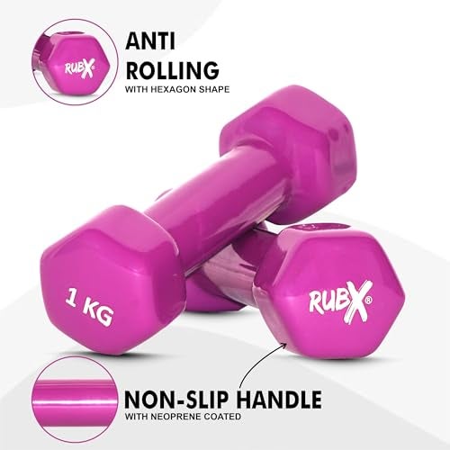 RUBX Premium Unisex (Set for Men & Women) Vinyl Dumbbells Set of 2 |Ideal Home & Gym Workout | Fitness Gym Equipment for Strength Training, Bodybuilding, & Aerobics (1+1=2kg (PURPLE), 1 KGS Each) - Image 4