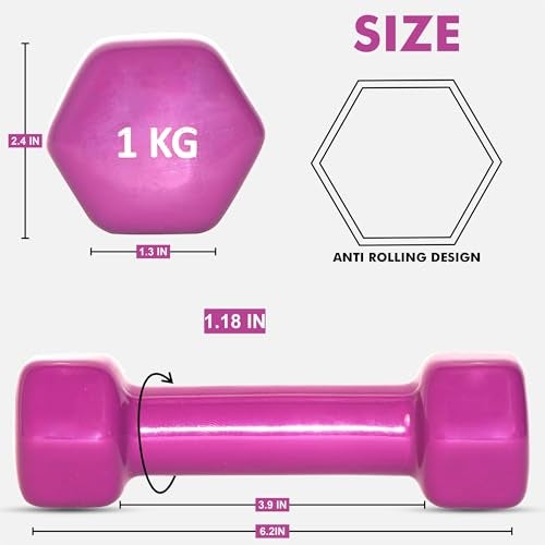 RUBX Premium Unisex (Set for Men & Women) Vinyl Dumbbells Set of 2 |Ideal Home & Gym Workout | Fitness Gym Equipment for Strength Training, Bodybuilding, & Aerobics (1+1=2kg (PURPLE), 1 KGS Each) - Image 5