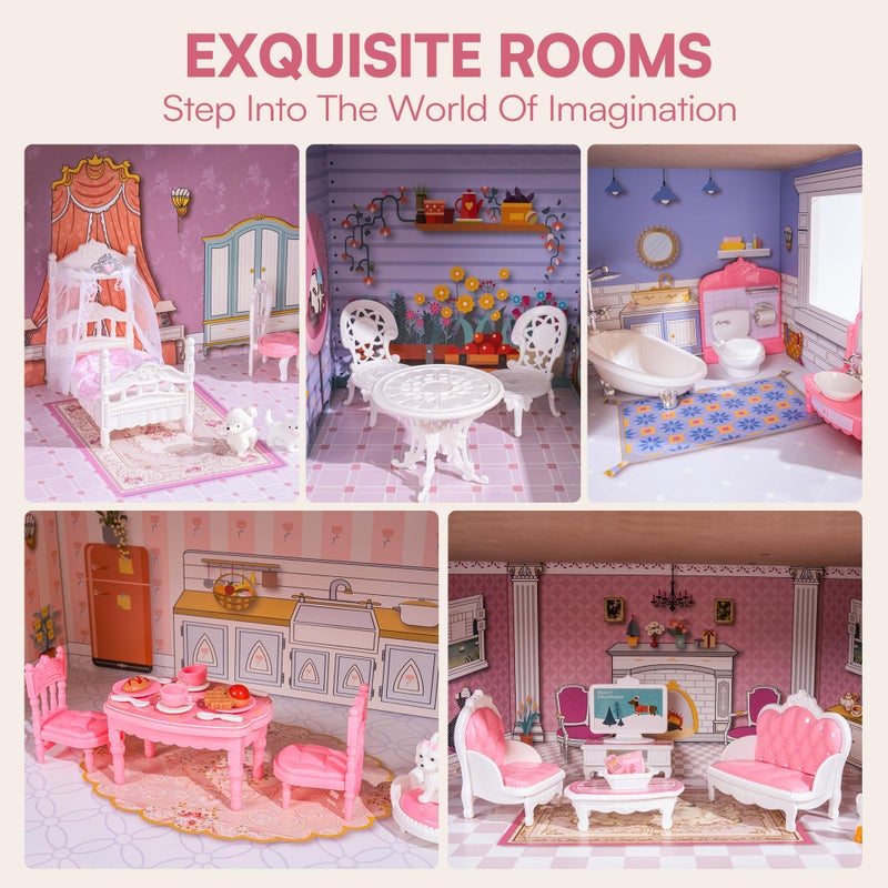 ROBUD Wooden Dollhouse Playset, 3 Stories, 5 Rooms, 24 PCS Furniture, Pretend Play Toys Gift for Kids Toddlers Girls - Image 3