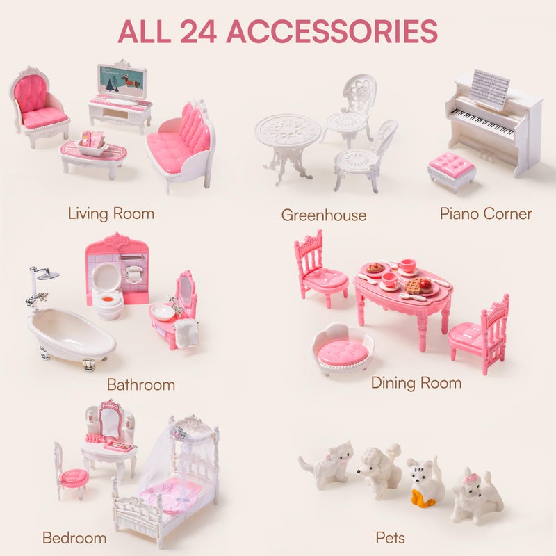 ROBUD Wooden Dollhouse Playset, 3 Stories, 5 Rooms, 24 PCS Furniture, Pretend Play Toys Gift for Kids Toddlers Girls - Image 5