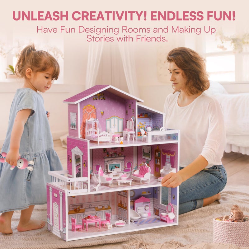 ROBUD Wooden Dollhouse Playset, 3 Stories, 5 Rooms, 24 PCS Furniture, Pretend Play Toys Gift for Kids Toddlers Girls - Image 4