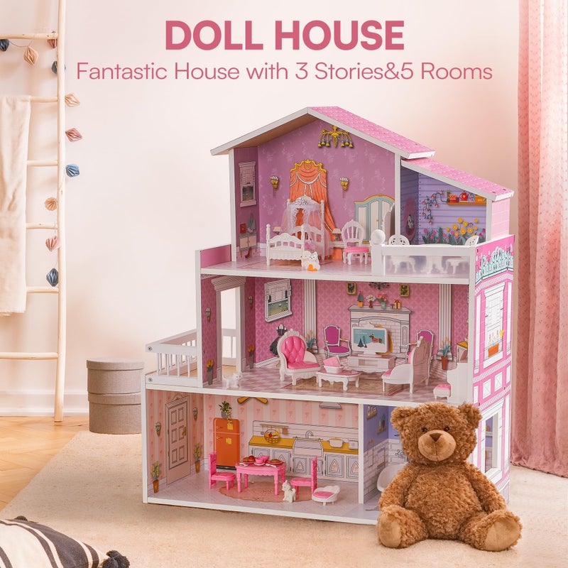ROBUD Wooden Dollhouse Playset, 3 Stories, 5 Rooms, 24 PCS Furniture, Pretend Play Toys Gift for Kids Toddlers Girls - Image 2