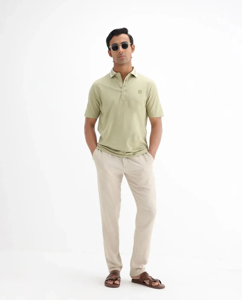 Rare Rabbit Rare Rabbit Men's Divide Dusky Green Cotton Fabric Striped Collar Half Sleeves Polo T-Shirt