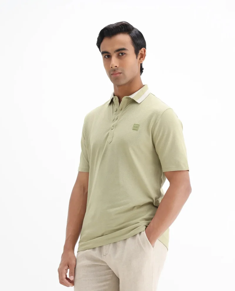 Rare Rabbit Rare Rabbit Men's Divide Dusky Green Cotton Fabric Striped Collar Half Sleeves Polo T-Shirt