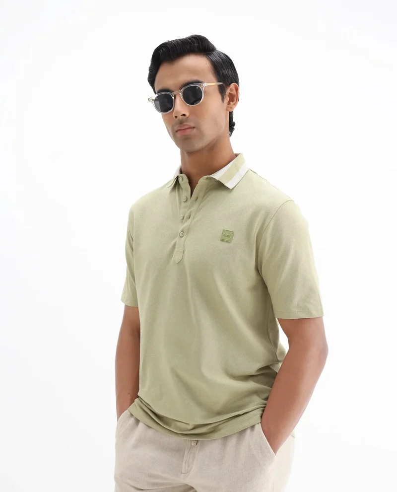 Rare Rabbit Rare Rabbit Men's Divide Dusky Green Cotton Fabric Striped Collar Half Sleeves Polo T-Shirt