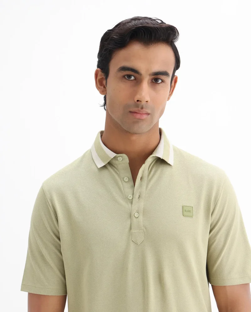 Rare Rabbit Rare Rabbit Men's Divide Dusky Green Cotton Fabric Striped Collar Half Sleeves Polo T-Shirt