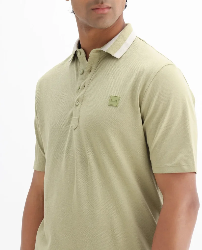 Rare Rabbit Rare Rabbit Men's Divide Dusky Green Cotton Fabric Striped Collar Half Sleeves Polo T-Shirt