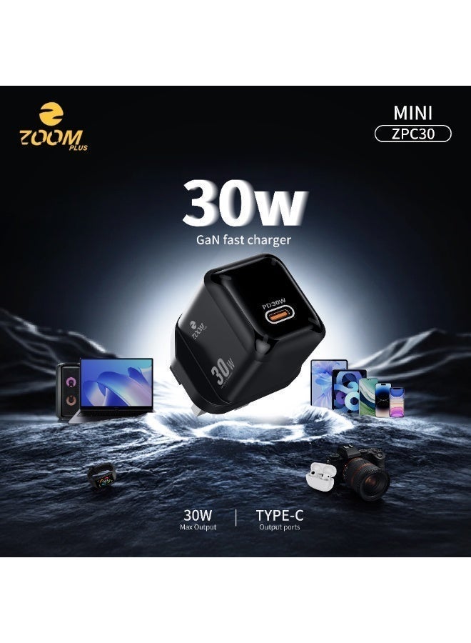 Zoom Plus MINI 30W GaN Fast Charger – Ultra-Compact Single Port USB-C Wall Adapter – PD Fast Charging for iPhone 15/14/13 Series, iPad, and Android – Model ZPC30 - Image 1