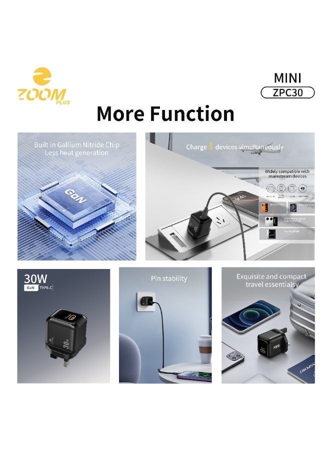 Zoom Plus MINI 30W GaN Fast Charger – Ultra-Compact Single Port USB-C Wall Adapter – PD Fast Charging for iPhone 15/14/13 Series, iPad, and Android – Model ZPC30 - Image 3