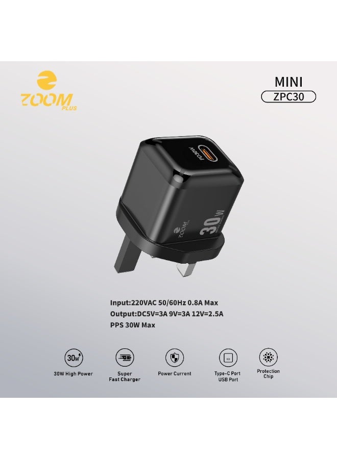 Zoom Plus MINI 30W GaN Fast Charger – Ultra-Compact Single Port USB-C Wall Adapter – PD Fast Charging for iPhone 15/14/13 Series, iPad, and Android – Model ZPC30 - Image 2