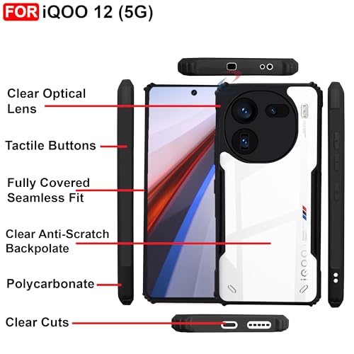 CEDO Backcover for iQOO 12 (5G) | Camera Protection Shockproof Bumper-Edge | Acrylic Crystal Clear 360 Degree Protection TPU+PC | Transparent Eagle Back Case Cover (Black) - Image 5