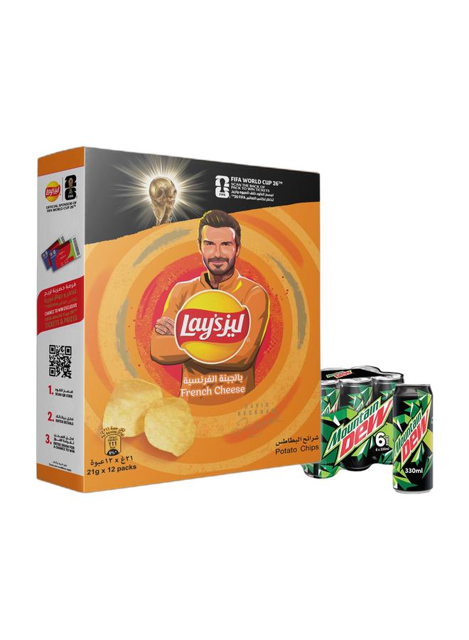 Mountain Dew Lays French Cheese 21grams Pack of 12 + Mountain Dew Carbonated Soft Drink Cans 330ml Pack of 6 - Image 1