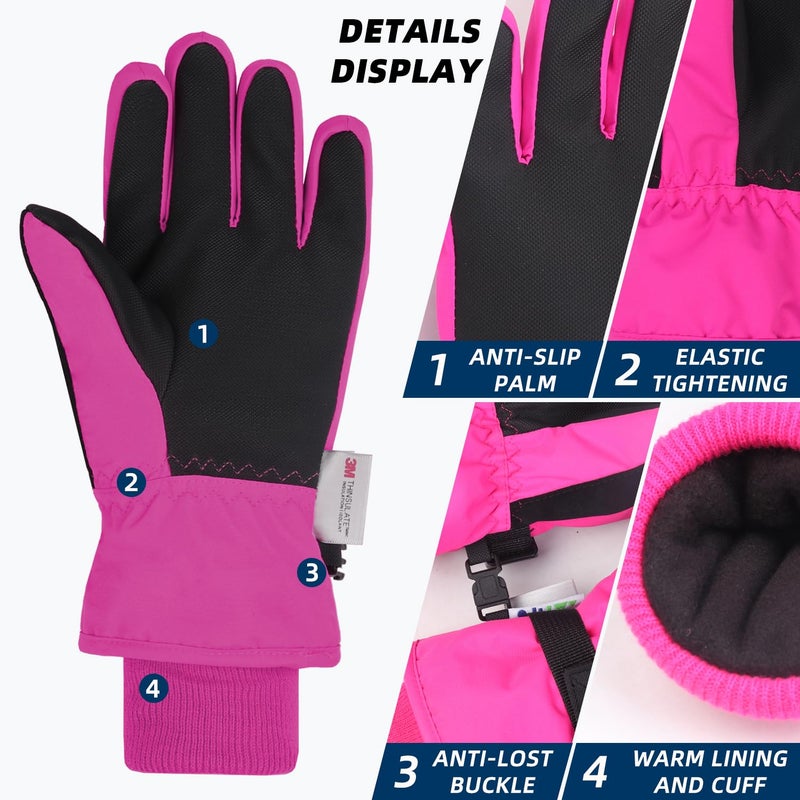 AMYIPO Kids Winter Snow Ski Gloves Children Snowboard Gloves for Boys Girls (B - Rose, 10-12 Years) - Image 2