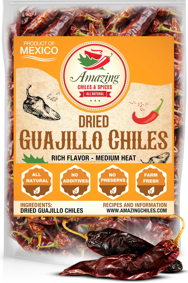 Amazing Chiles & Spices Guajillo Chiles Peppers Dried Whole 1lb (16oz) â€“ Natural and Premium. Great For Mexican Recipes Like Mole, Tamales, Salsa, Meats. Mild to Medium Heat, Complex Fruity Flavor. Resealable Bag. - Image 1