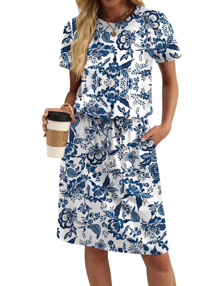 OFEEFAN Dresses for Women Vacation Casual Maxi Hawaiian Dress Crew Neck Short Sleeve with Pockets Cruise Outfits for Women Boho Print S - Image 2