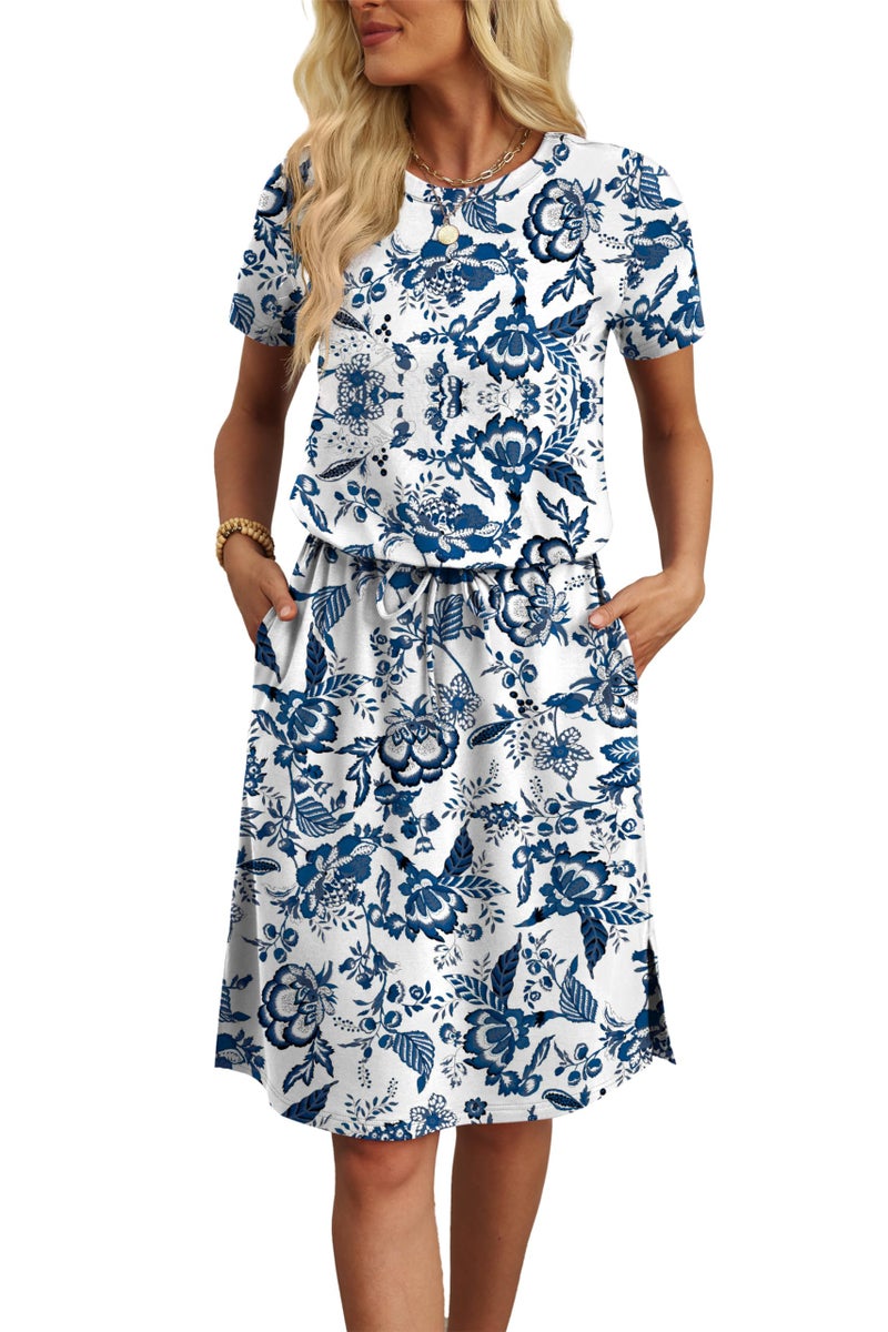 OFEEFAN Dresses for Women Vacation Casual Maxi Hawaiian Dress Crew Neck Short Sleeve with Pockets Cruise Outfits for Women Boho Print S - Image 4