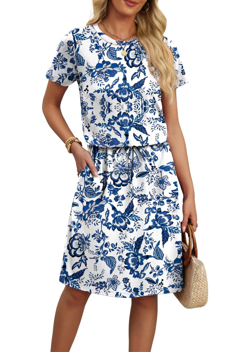 OFEEFAN Dresses for Women Vacation Casual Maxi Hawaiian Dress Crew Neck Short Sleeve with Pockets Cruise Outfits for Women Boho Print S - Image 1