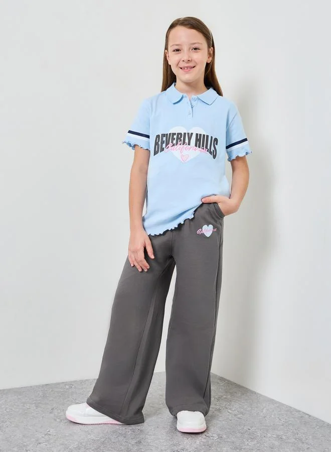 Styli Girls Ribbed Printed Polo T-Shirt and Joggers Set