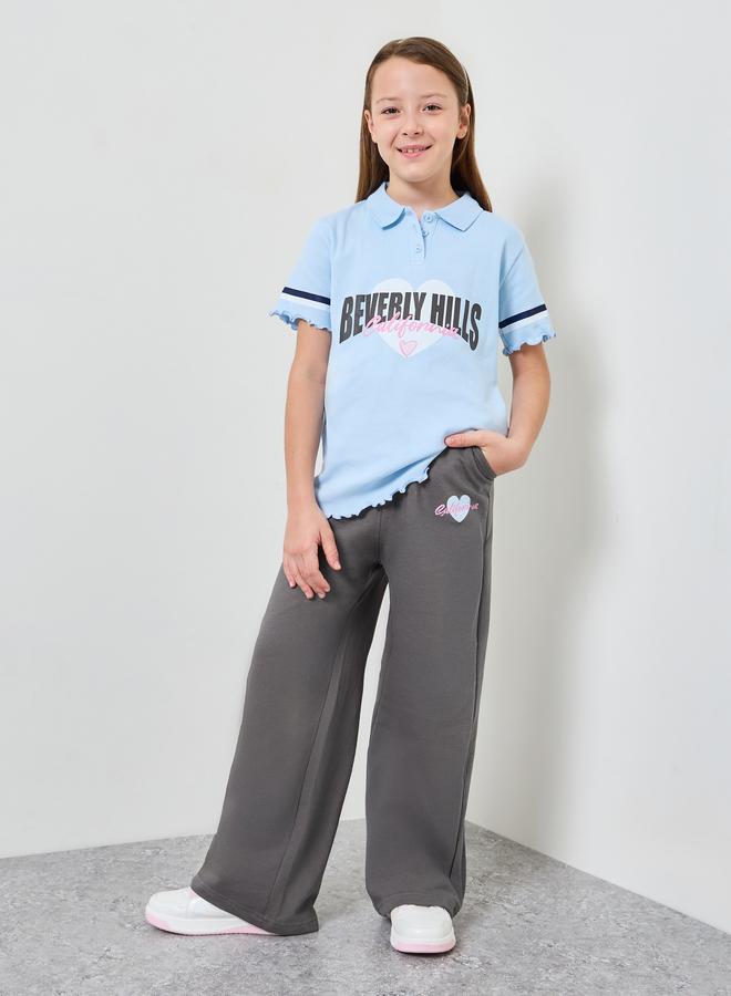 Styli Girls Ribbed Printed Polo T-Shirt and Joggers Set - Image 1