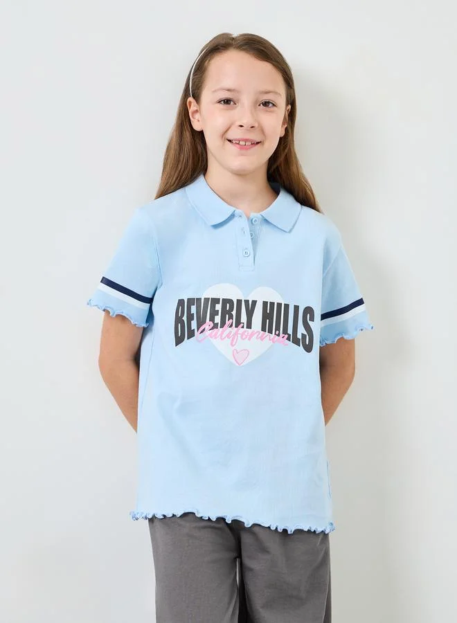Styli Girls Ribbed Printed Polo T-Shirt and Joggers Set