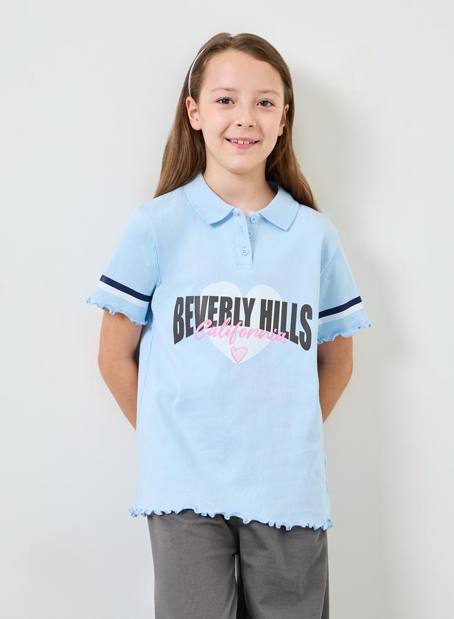 Styli Girls Ribbed Printed Polo T-Shirt and Joggers Set - Image 2