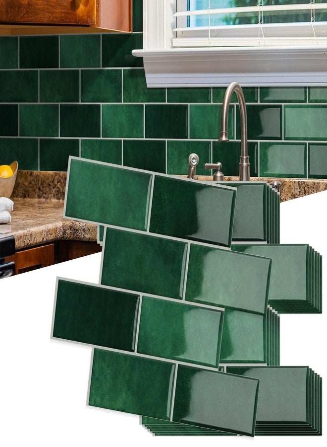 MOONFUN 10 Sheet Thicker Subway Tiles Dark Green Peel and Stick Backsplash,12.6"x10.6" Self Adhesive Wall Tile Stick on Splashback for Kitchen and Bathroom - Image 1