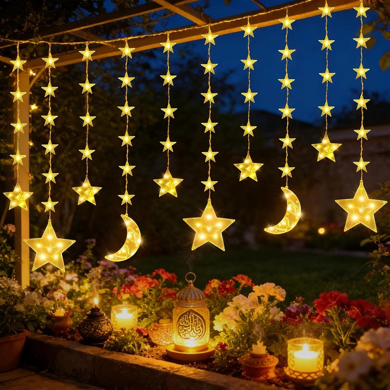 Pomefar Ramadan Decorations, 135 LED Star Moon Curtain Ramadan Lights,Window Curtain Fairy Lights for Home Outdoor - Image 1