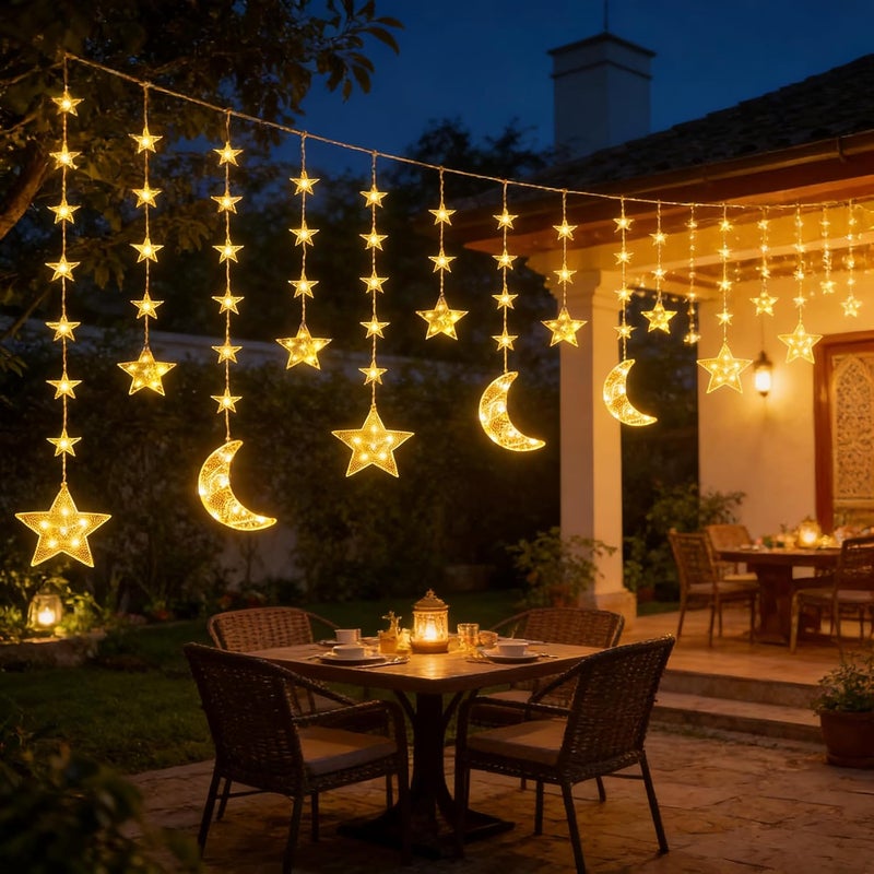Pomefar Ramadan Decorations, 135 LED Star Moon Curtain Ramadan Lights,Window Curtain Fairy Lights for Home Outdoor - Image 3